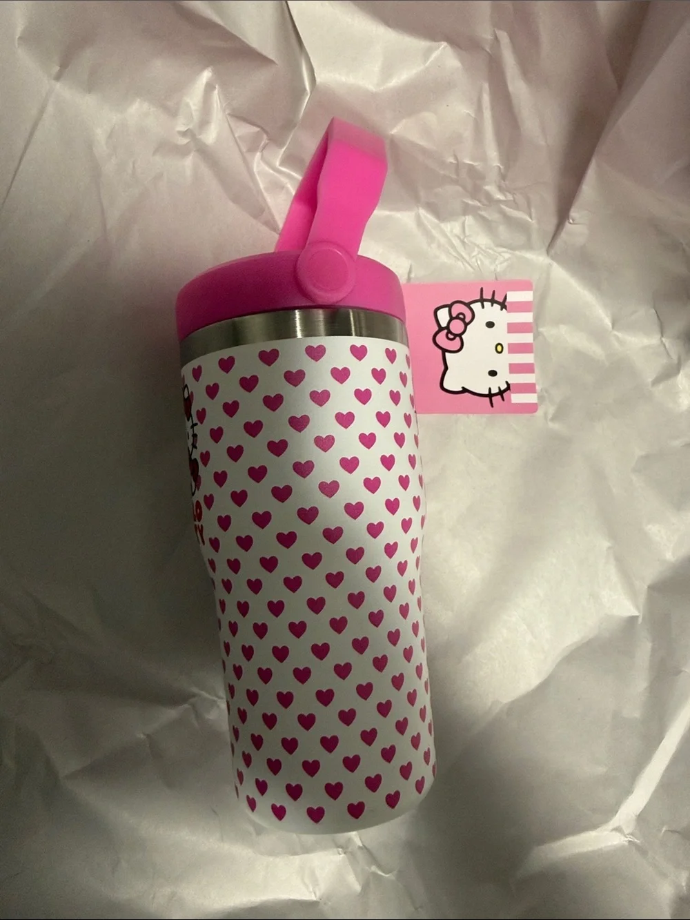 Hello Kitty Pink and White Heart Stainless Kids Bottle with Handle 20oz
